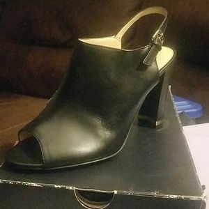 Black open toe sling backs